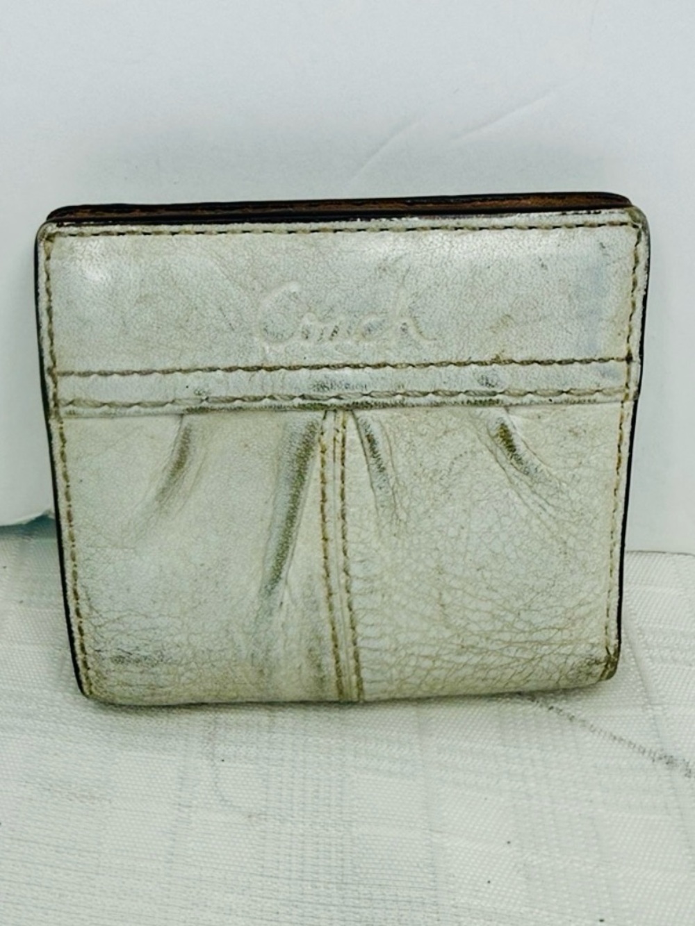 Coach Silver Leather Fold Wallet with Pleated Front